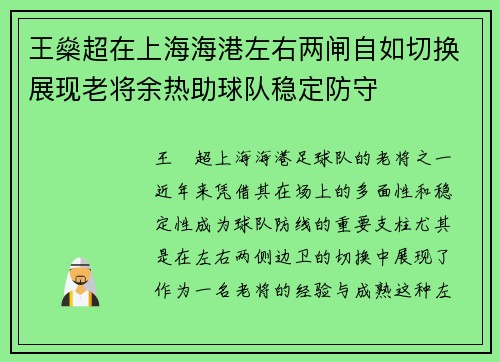 王燊超在上海海港左右两闸自如切换展现老将余热助球队稳定防守 王燊超在上海海港左右两闸自如切换展现老将余热助球队稳定防守