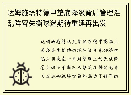 达姆施塔特德甲垫底降级背后管理混乱阵容失衡球迷期待重建再出发 达姆施塔特德甲垫底降级背后管理混乱阵容失衡球迷期待重建再出发