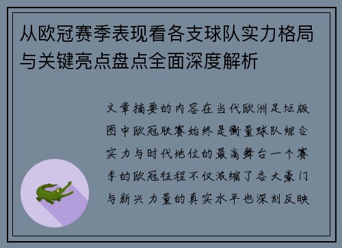 从欧冠赛季表现看各支球队实力格局与关键亮点盘点全面深度解析